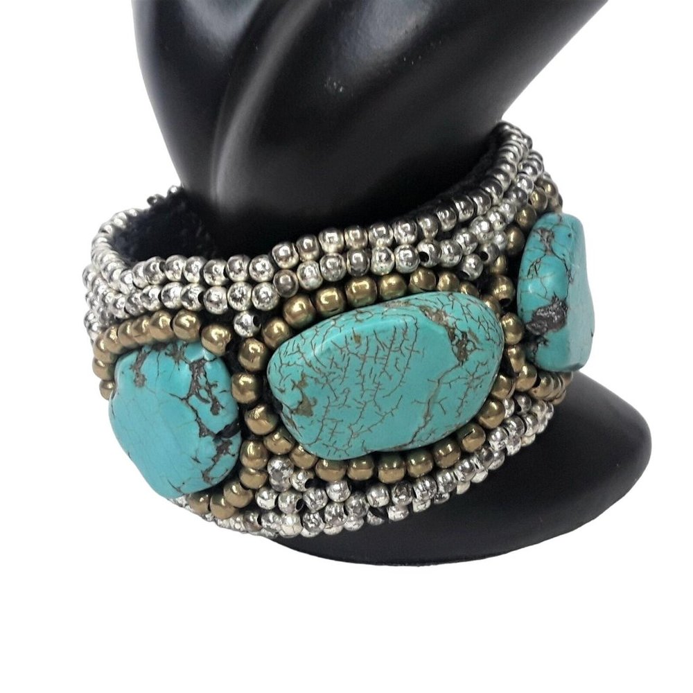 Turquoise Stone Cuff Bracelet Crochet Rope Base with Beads Macrame